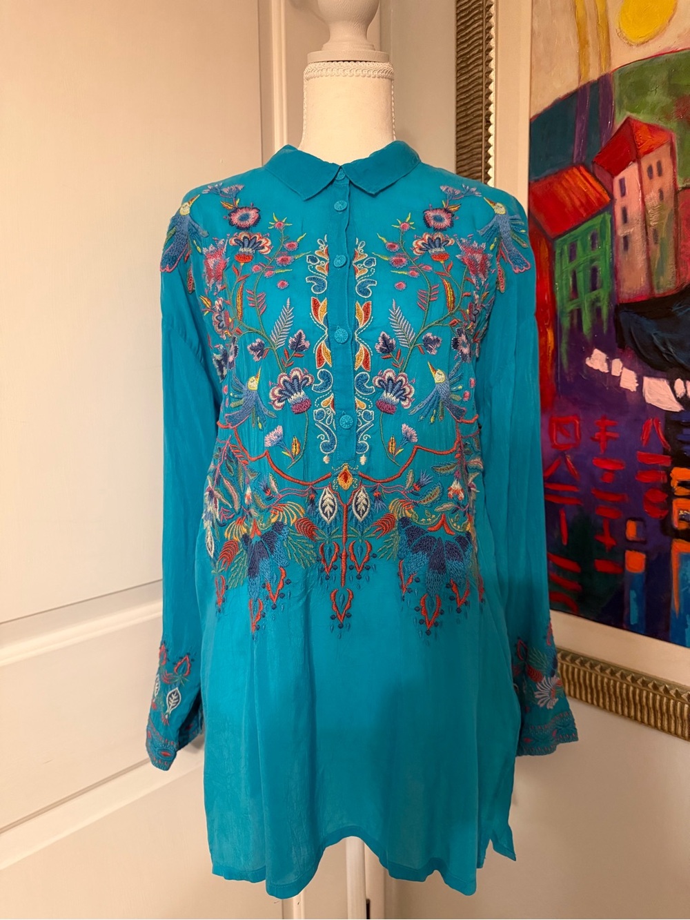 NWT Johnny Was Audrey Oversized Embroidered Teal Long-Sleeve Tunic Dress Small